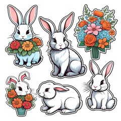Cute cartoon bunny with carrots and Easter eggs