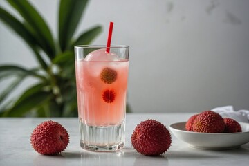 A refreshing glass of lychee juice served on a white table