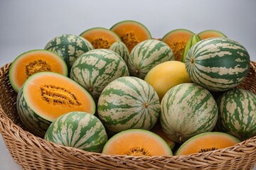 Melons arranged neatly in a cane basket