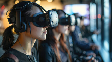 Group wearing VR headsets for immersive audiovisual experience at an event