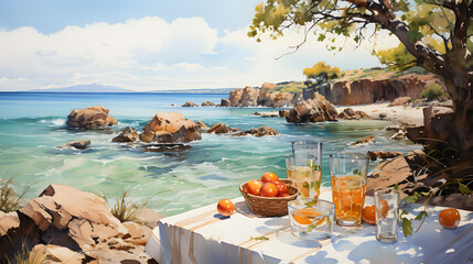 watercolor painting of picnic by the sea and summer on the beach.