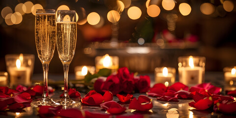 Table decorated for a romantic dinner with two champagne glasses red roses and glass candles with bokeh defocused background.