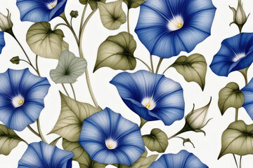 Summer background of hand drawn nature motifs and cute blue morning glory flowers in watercolor style.