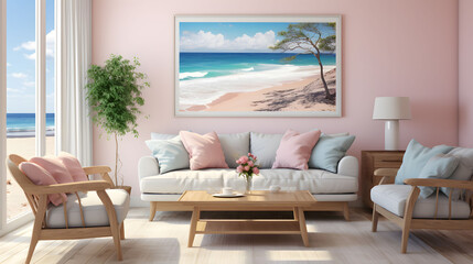watercolor painting of room decor by the sea with the concept of summer on the beach.