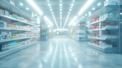 Fototapeta premium Shopping shelves in supermarkets and department stores diverse assortment of products, sale, consumerism shopping business concept, Blurred image background