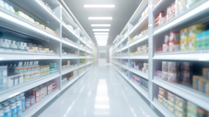 Consumerism shopping business concept, Shopping shelves in supermarkets and department stores, diverse assortment of products, sale, Blurred image background