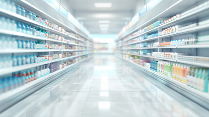 Shopping shelves in supermarkets and department stores diverse assortment of products, sale, consumerism shopping business concept, Blurred image background