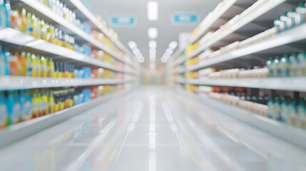 Consumerism shopping business concept, Shopping shelves in supermarkets and department stores, diverse assortment of products, sale, Blurred image background