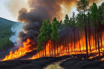 Intense Efforts of Firefighters to Control a Massive Wildfire in the Thick Forest