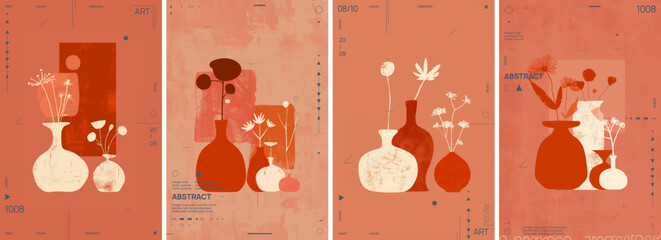 A set of four minimalistic abstract organic shapes, watercolor illustrations with boho vases, plants and leaves. Vector posters with muted colors in terracotta, beige and brown earth tones.