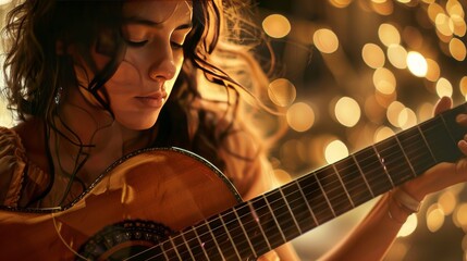 A beautiful woman plays the guitar in front of a blurry background of lights. - obrazy, fototapety, plakaty