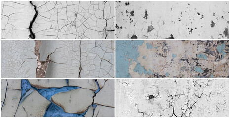 Set of peeling paint textures. Old concrete walls with cracked flaking paint. Weathered rough...