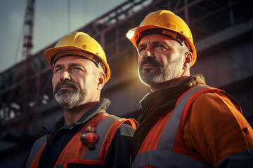 Generative AI picture Portrait of construction worker wearing a protective safety uniform clothes helmet at big building