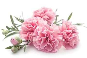 Isolated pink carnation blooms against a white backdrop. Generative Ai