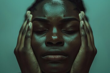 Obraz premium Close up of a person with hands covering face, suitable for emotional concepts