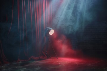 A spotlight shining on a stage with red curtains. Ideal for theater or performance concepts