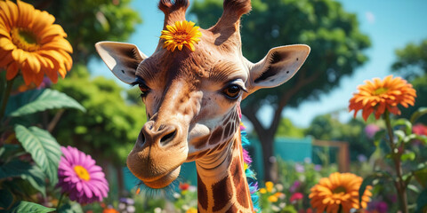 colorful vivid fantasy reggae smiling cute giraffe, generative AI
