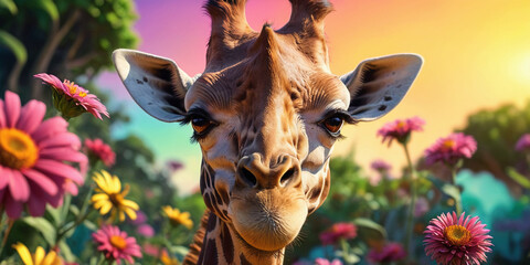 colorful vivid fantasy reggae smiling cute giraffe, generative AI