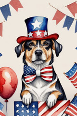 Puppy with an American flag celebrates 4th of July Independence Day in watercolor style.