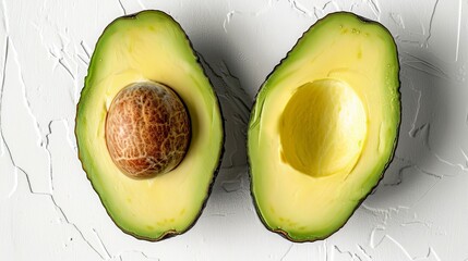 Two halves of an avocado, one with the pit, arranged neatly on a bright white surface, emphasizing freshness and simplicity - Powered by Adobe