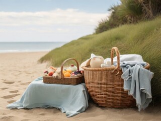 Picnic basket with blue cloth and delicious food items on sandy beach under clear blue sky