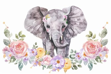 Watercolor painting of an elephant surrounded by flowers. Suitable for nature and wildlife themes