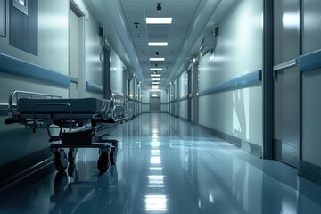 A deserted hospital hallway with a bed on a cart. Ideal for medical and healthcare concepts