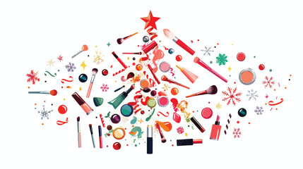 Christmas tree made of makeup cosmetics and décor 