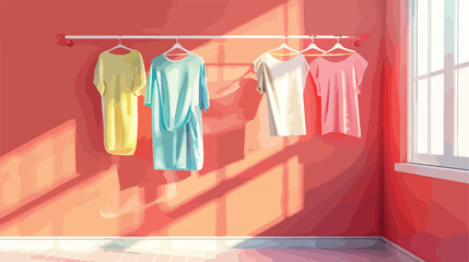 Clean clothes hanging on dryer near red wall Vector style