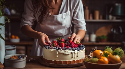 Woman making cheesecake with fruits jam on top