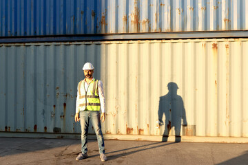 Industrial engineer wearing safety color vest and helmet, walking through logistic shipping cargo...