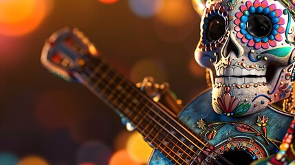 Sugar Skull Holding a Guitar with Colorful Decorations
