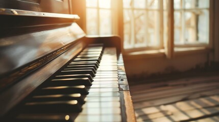 An old piano sits in a room with sunlight streaming through the windows.