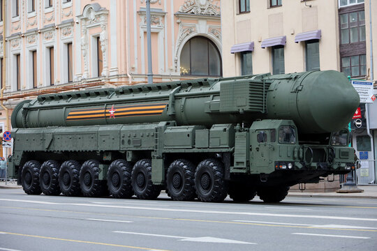 Moscow, Russia - May 2, 2024: Nuclear weapon, russian strategic missile system "Yars" on city street before the Victory Day parade