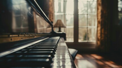 An old piano sits in a room with sunlight streaming in through the windows.