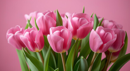Fototapeta premium Pink tulips on pink background. Studio floral composition, banner with copy space for greeting cards, invitations, and Mother's Day themes.
