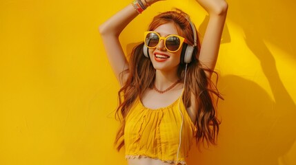 A young woman with long red hair is dancing in front of a yellow background. She is wearing yellow sunglasses and headphones and has her arms in the air. She is smiling and looks happy.
