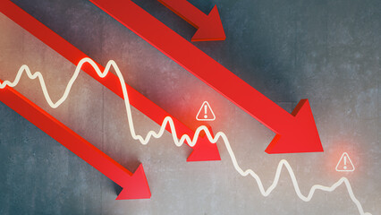Stock market crash concept with many red arrows going down. 3d rendering