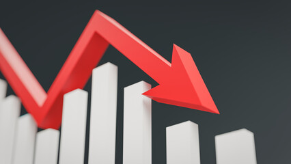 A concept where a red arrow moves on a chart and then falls. 3d rendering.