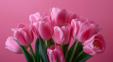 Fototapeta premium Pink tulips on pink background. Studio floral composition, banner with copy space for greeting cards, invitations, and Mother's Day themes.