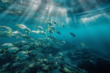 Obraz premium Tropical sea underwater fishes on coral reef. Aquarium oceanarium wildlife colorful marine panorama landscape nature snorkel diving
