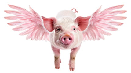 Pink flying pig with wings isolated on transparent background.