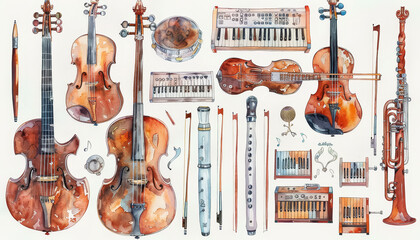 A collection of musical instruments, including violins, cellos, and keyboards - obrazy, fototapety, plakaty