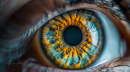 This image captures the unique patterns and vibrant colors of a human eyeball's iris with immersive macro photography