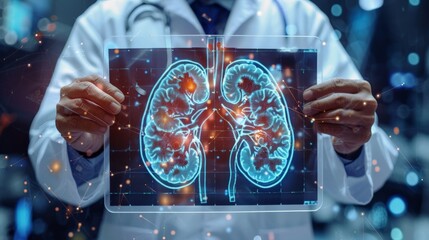 A doctor is holding a 3D image of a kidney. The image is blue and has a lot of detail. The doctor is wearing a white coat and has a stethoscope around their neck.