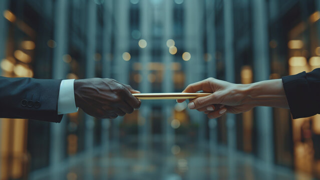 Seamless Collaboration: Professional Office Workers Exchanging Baton in Teamwork Moment