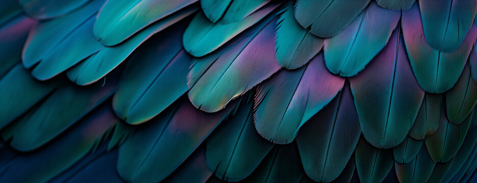 Close-up of vibrant, iridescent bird feathers. Image for textile, wallpaper, and fashion prints. Macro view with copy space.