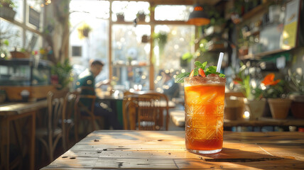 Glass of iced tea rests on wooden table in restaurant