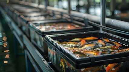 Enhancing Fish Feeding Efficiency in Aquaculture with Automated Feeding Systems. Concept Aquaculture Efficiency, Automated Feeding Systems, Fish Nutrition, Aquaculture Technology, Feeding Innovation