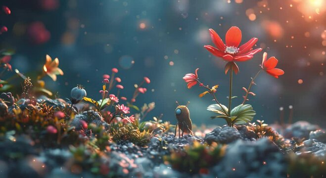 small micro creatures with plants. fantasy world